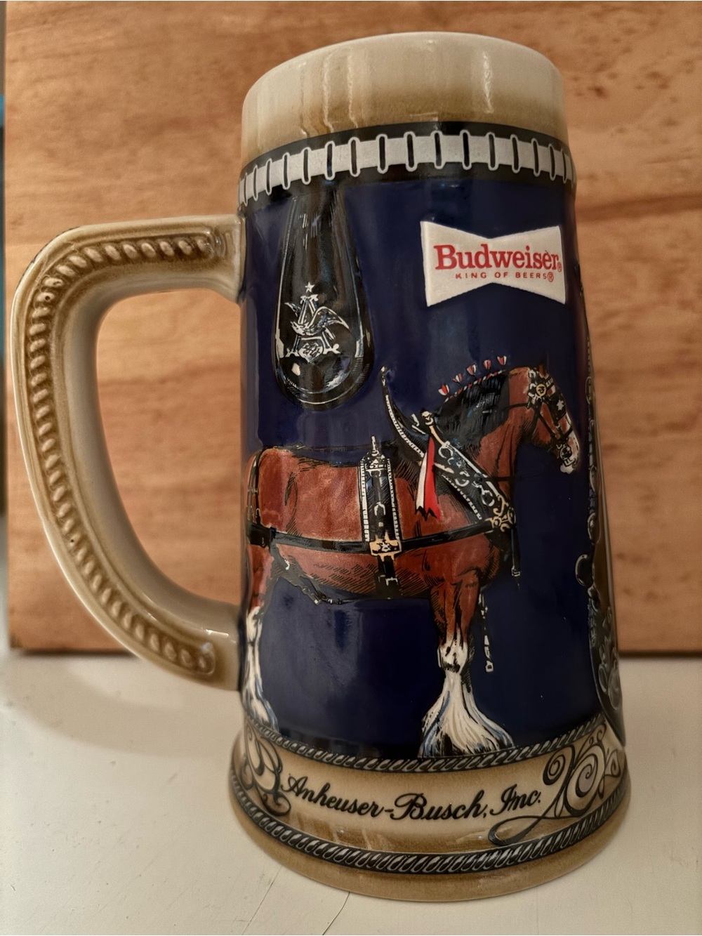 Budweiser Navy & Tan Clydesdale Ceramic Stein with Horse Motif